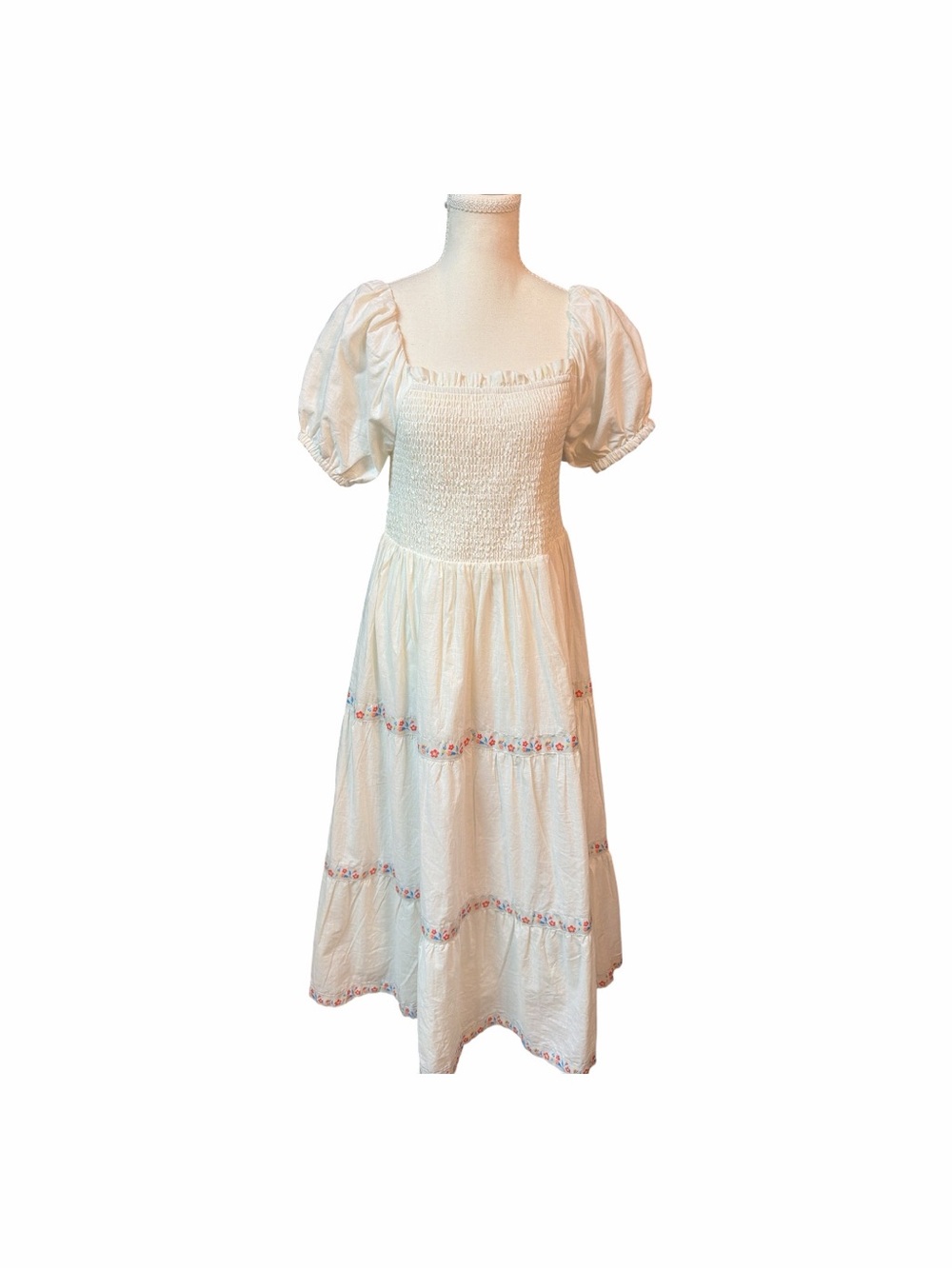 Cottagecore Smocked Puff Sleeve Embroidered Midi Dress Rachel Zoe Size 6